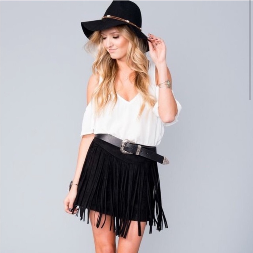 Black faux suede fringe mini skirt